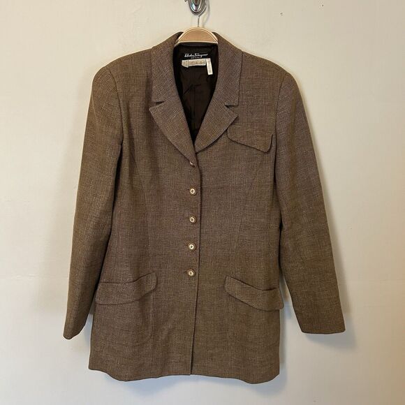 Salvatore‎ Ferragamo Women's Blazer Jacket Vintage Brown Linen Wool Cotton US 12 - Picture 1 of 9